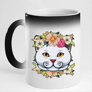 Cat Lover Spring Floral Gift 11oz Black Color Changing Mug