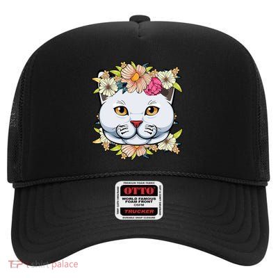 Cat Lover Spring Floral Gift High Crown Mesh Back Trucker Hat