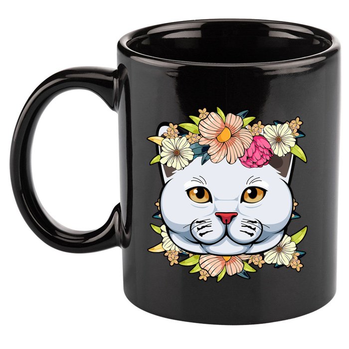 Cat Lover Spring Floral Gift 11oz C Handle Ceramic Mug
