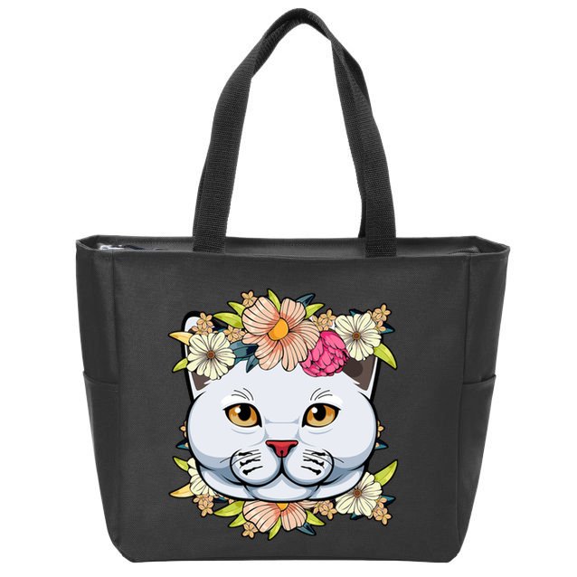 Cat Lover Spring Floral Gift Zip Tote Bag