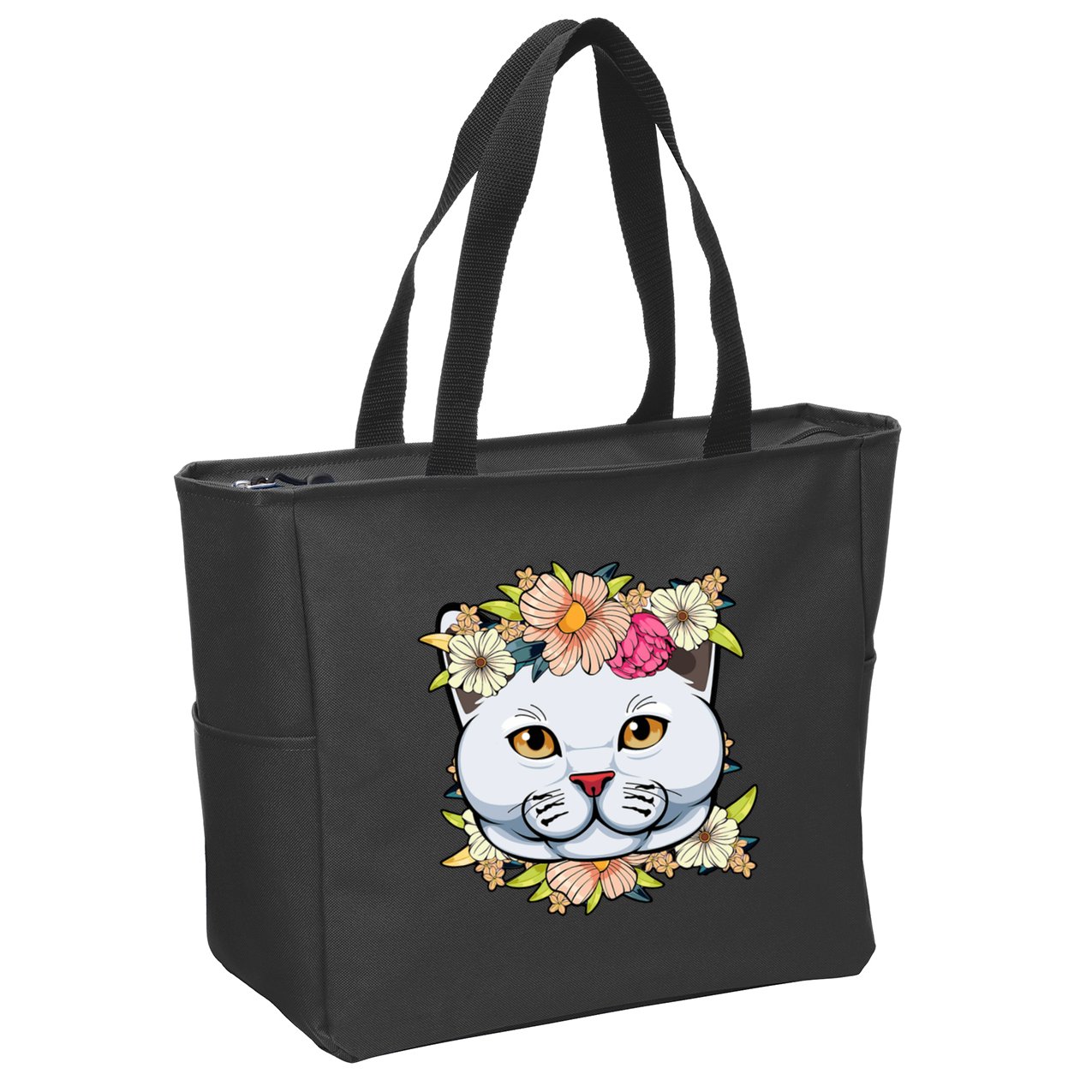 Cat Lover Spring Floral Gift Zip Tote Bag