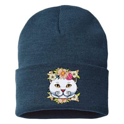 Cat Lover Spring Floral Gift Sustainable Knit Beanie