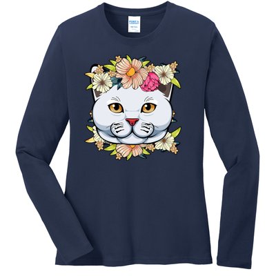 Cat Lover Spring Floral Gift Ladies Long Sleeve Shirt