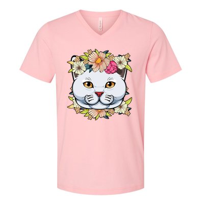 Cat Lover Spring Floral Gift V-Neck T-Shirt