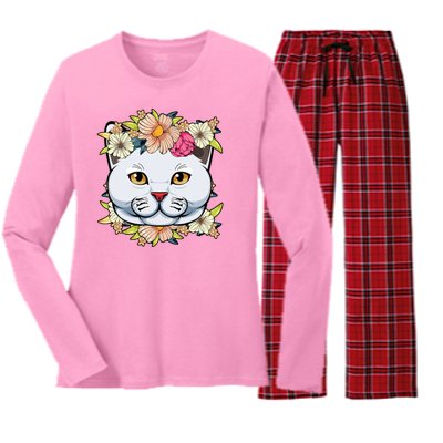 Cat Lover Spring Floral Gift Women's Long Sleeve Flannel Pajama Set 