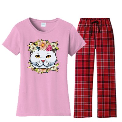 Cat Lover Spring Floral Gift Women's Flannel Pajama Set