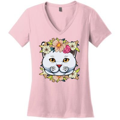 Cat Lover Spring Floral Gift Women's V-Neck T-Shirt