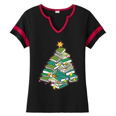 Christmas Library Tree Librarian Book Lover Xmas Ladies Halftime Notch Neck Tee