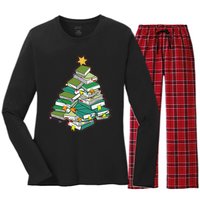 Christmas Library Tree Librarian Book Lover Xmas Women's Long Sleeve Flannel Pajama Set 