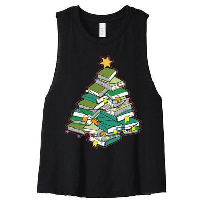 Christmas Library Tree Librarian Book Lover Xmas Women's Racerback Cropped Tank