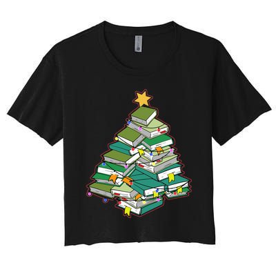 Christmas Library Tree Librarian Book Lover Xmas Women's Crop Top Tee