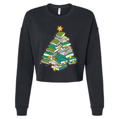 Christmas Library Tree Librarian Book Lover Xmas Cropped Pullover Crew