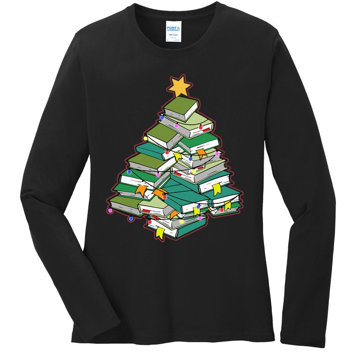 Christmas Library Tree Librarian Book Lover Xmas Ladies Long Sleeve Shirt