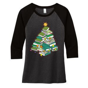 Christmas Library Tree Librarian Book Lover Xmas Women's Tri-Blend 3/4-Sleeve Raglan Shirt