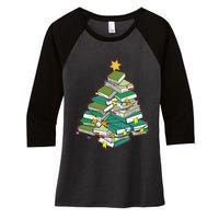 Christmas Library Tree Librarian Book Lover Xmas Women's Tri-Blend 3/4-Sleeve Raglan Shirt