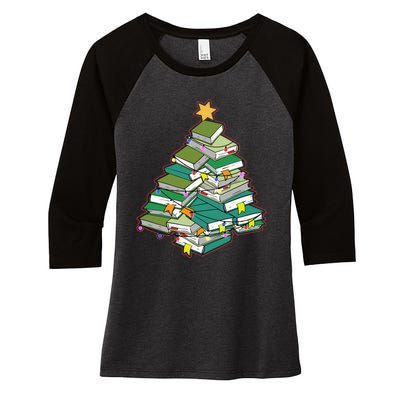 Christmas Library Tree Librarian Book Lover Xmas Women's Tri-Blend 3/4-Sleeve Raglan Shirt