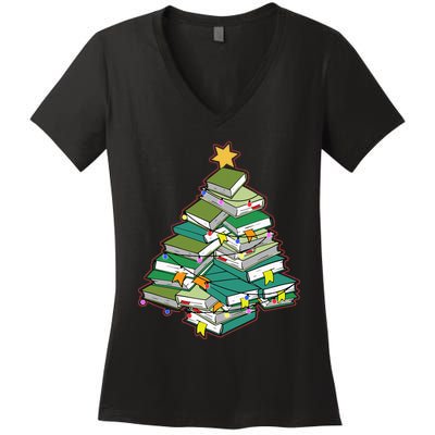 Christmas Library Tree Librarian Book Lover Xmas Women's V-Neck T-Shirt