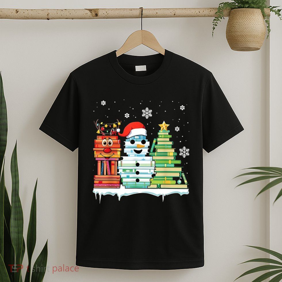Christmas Library Tree Snoman Merry Bookmas Book Lover Xmas T-Shirt
