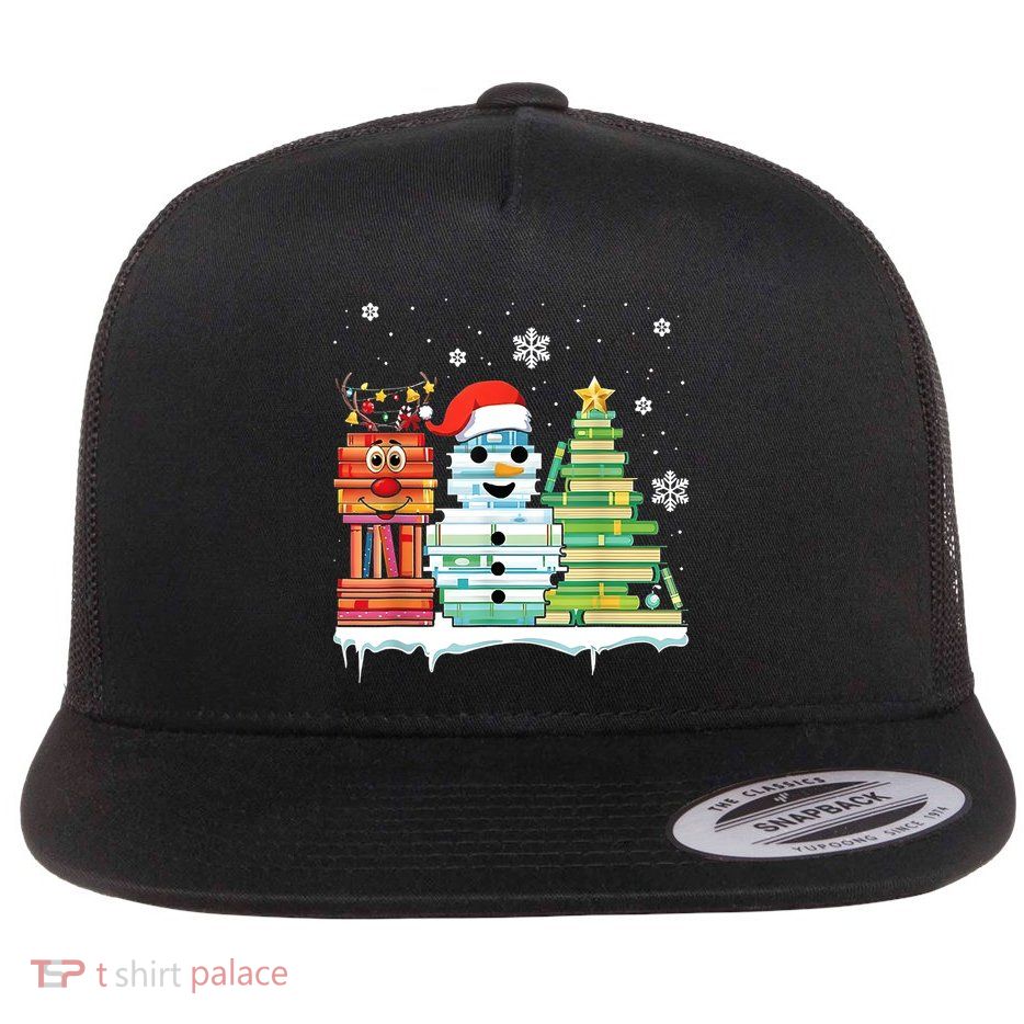Christmas Library Tree Snoman Merry Bookmas Book Lover Xmas Flatbill Hat