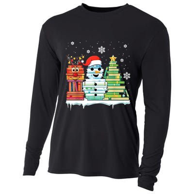 Christmas Library Tree Snoman Merry Bookmas Book Lover Xmas Cooling Performance Long Sleeve Crew