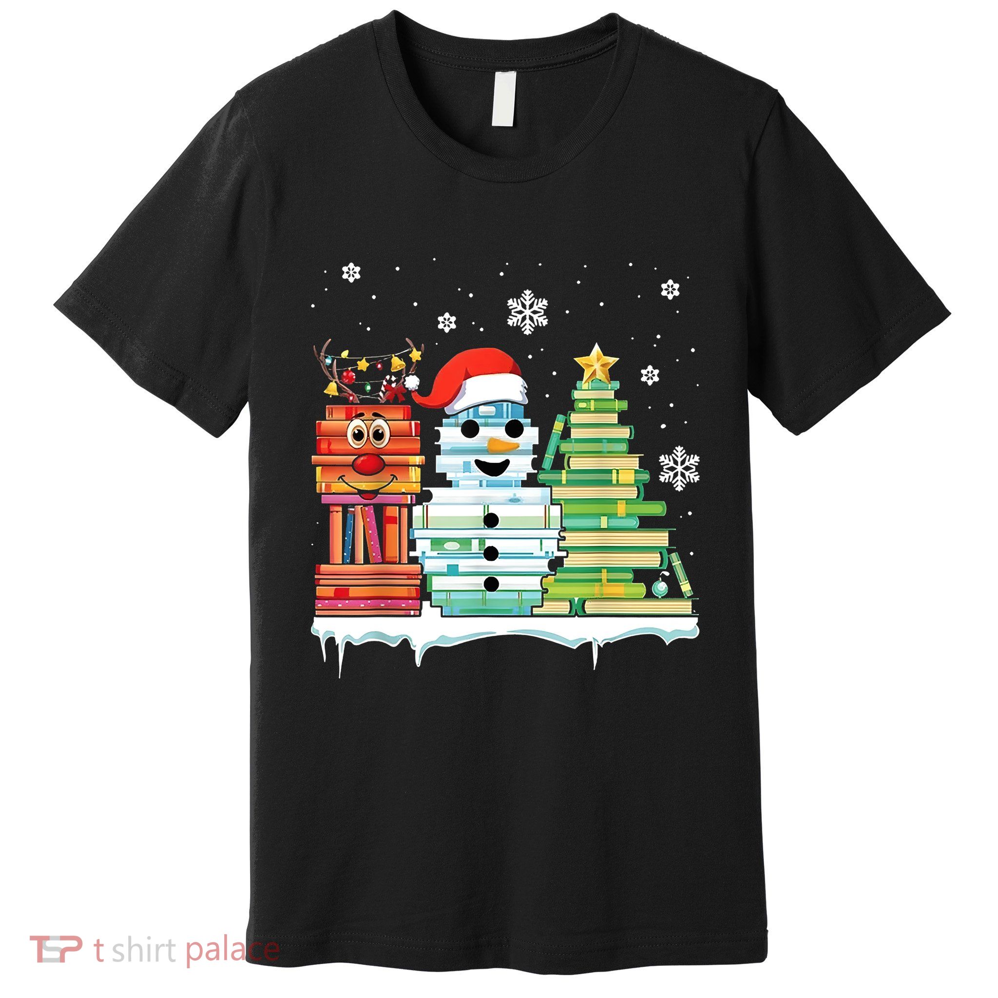 Christmas Library Tree Snoman Merry Bookmas Book Lover Xmas Premium T-Shirt