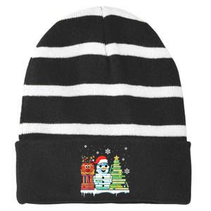 Christmas Library Tree Snoman Merry Bookmas Book Lover Xmas Striped Beanie with Solid Band