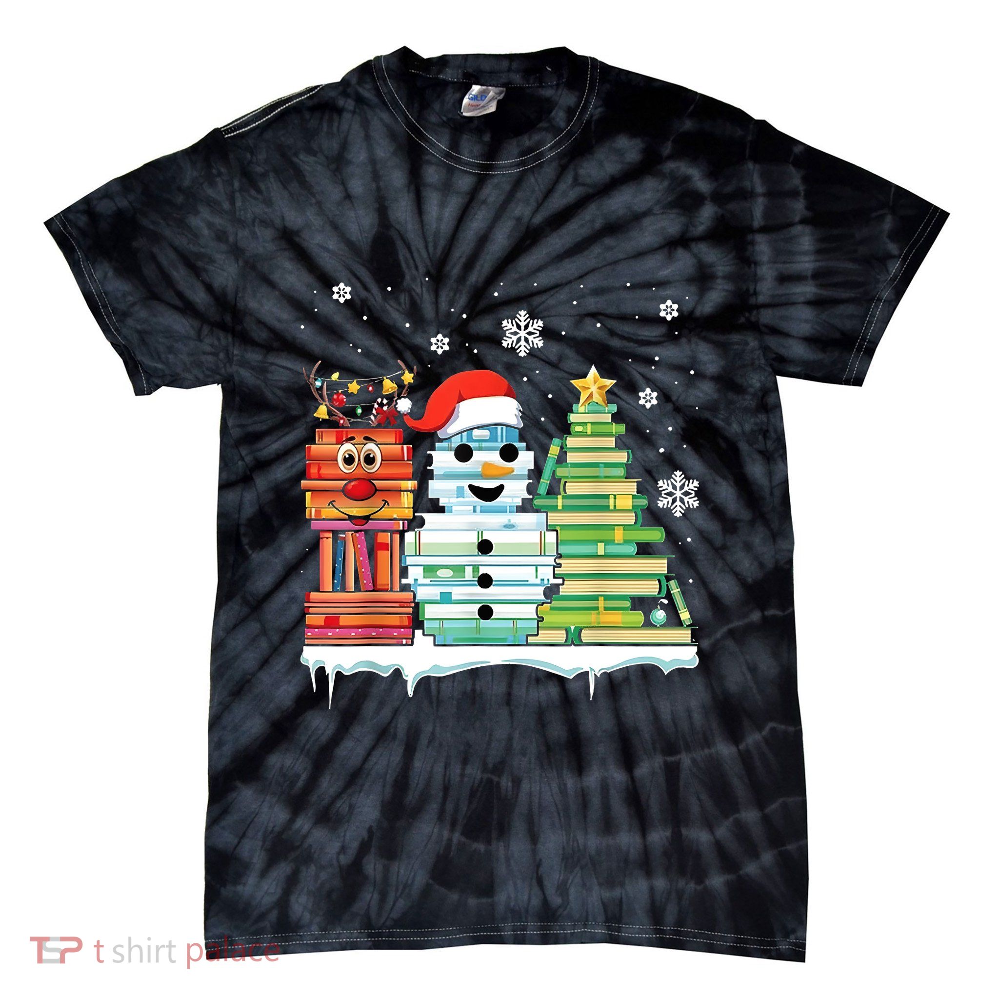 Christmas Library Tree Snoman Merry Bookmas Book Lover Xmas Tie-Dye T-Shirt