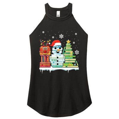 Christmas Library Tree Snoman Merry Bookmas Book Lover Xmas Women's Perfect Tri Rocker Tank