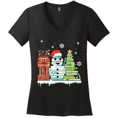Christmas Library Tree Snoman Merry Bookmas Book Lover Xmas Women's V-Neck T-Shirt