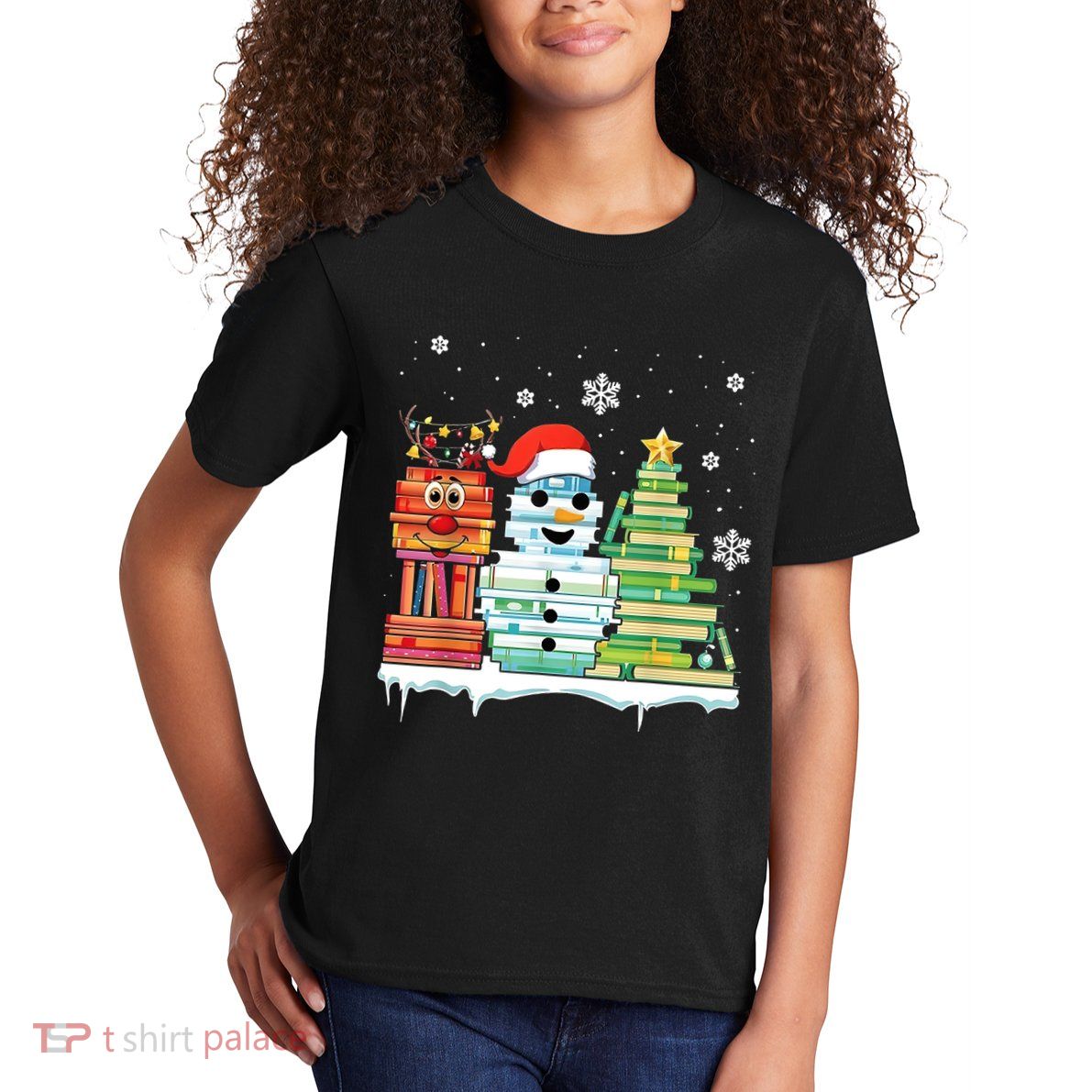 Christmas Library Tree Snoman Merry Bookmas Book Lover Xmas Kids T-Shirt