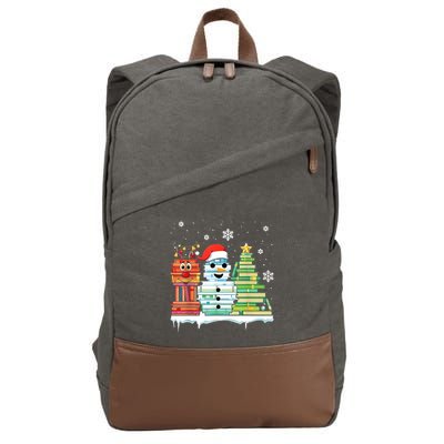 Christmas Library Tree Snoman Merry Bookmas Book Lover Xmas Cotton Canvas Backpack