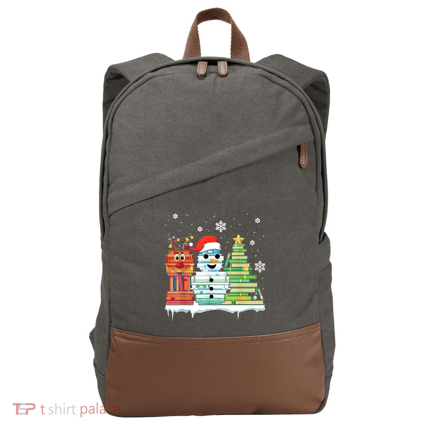 Christmas Library Tree Snoman Merry Bookmas Book Lover Xmas Cotton Canvas Backpack