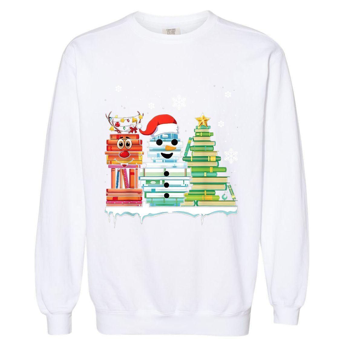 Christmas Library Tree Snoman Merry Bookmas Book Lover Xmas Garment-Dyed Sweatshirt