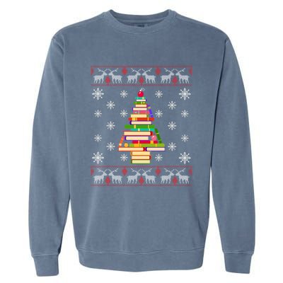 Christmas Library Tree Funny Funny Gift For Reading Book Lovers Gift Garment-Dyed Sweatshirt