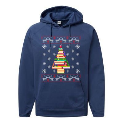 Christmas Library Tree Funny Funny Gift For Reading Book Lovers Gift Performance Fleece Hoodie