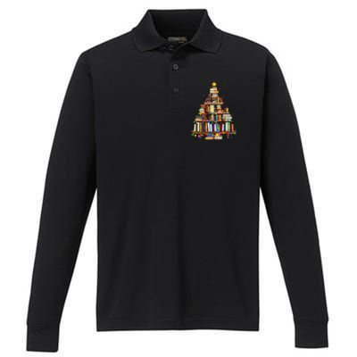 Christmas Library Tree Lights For Librarian And Book Lover Performance Long Sleeve Polo