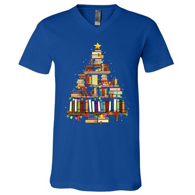 Christmas Library Tree Lights For Librarian And Book Lover V-Neck T-Shirt