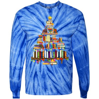 Christmas Library Tree Lights For Librarian And Book Lover Tie-Dye Long Sleeve Shirt