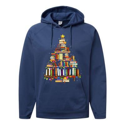 Christmas Library Tree Lights For Librarian And Book Lover Performance Fleece Hoodie