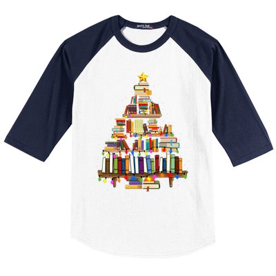 Christmas Library Tree Lights For Librarian And Book Lover Baseball Sleeve Shirt