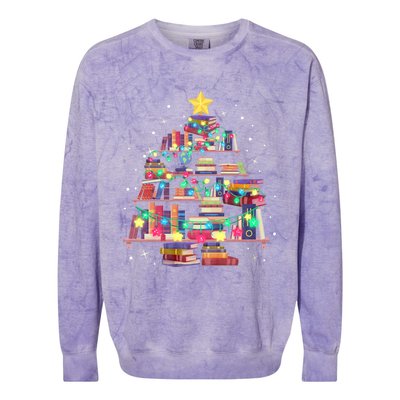 Christmas Library Tree Love Reading Books Nerd Teacher Colorblast Crewneck Sweatshirt