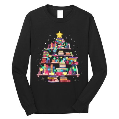 Christmas Library Tree Love Reading Books Nerd Teacher Long Sleeve Shirt