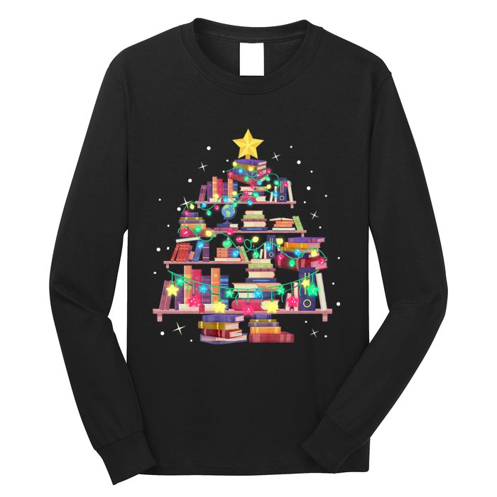 Christmas Library Tree Love Reading Books Nerd Teacher Long Sleeve Shirt