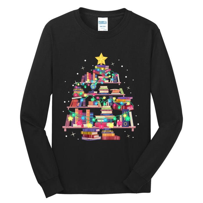 Christmas Library Tree Love Reading Books Nerd Teacher Tall Long Sleeve T-Shirt