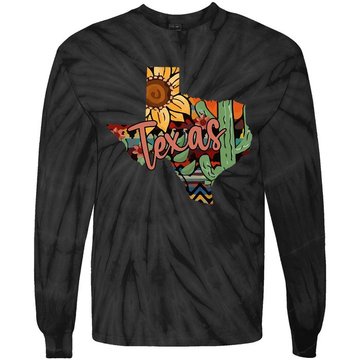 Cute Love Texas State Cactus Sunflower Tie-Dye Long Sleeve Shirt