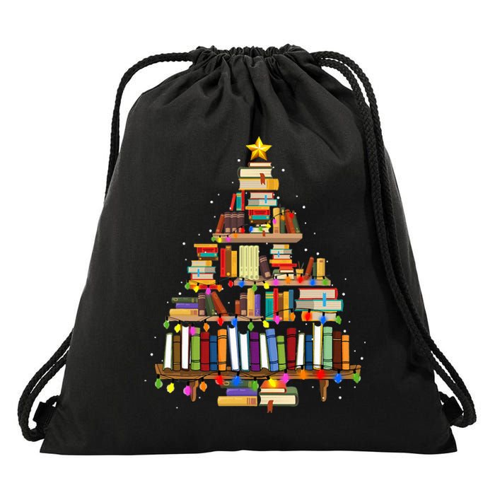 Christmas Library Tree Lights For Librarian And Book Lover  Drawstring Bag