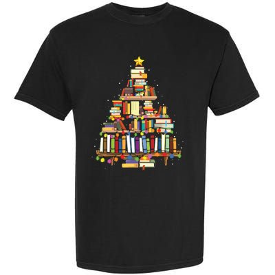 Christmas Library Tree Gift For Librarian And Book Lover Garment-Dyed Heavyweight T-Shirt