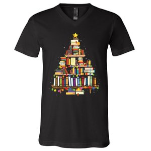 Christmas Library Tree Gift For Librarian And Book Lover V-Neck T-Shirt