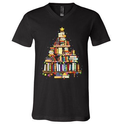 Christmas Library Tree Gift For Librarian And Book Lover V-Neck T-Shirt