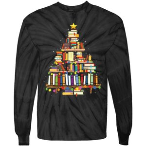 Christmas Library Tree Gift For Librarian And Book Lover Tie-Dye Long Sleeve Shirt